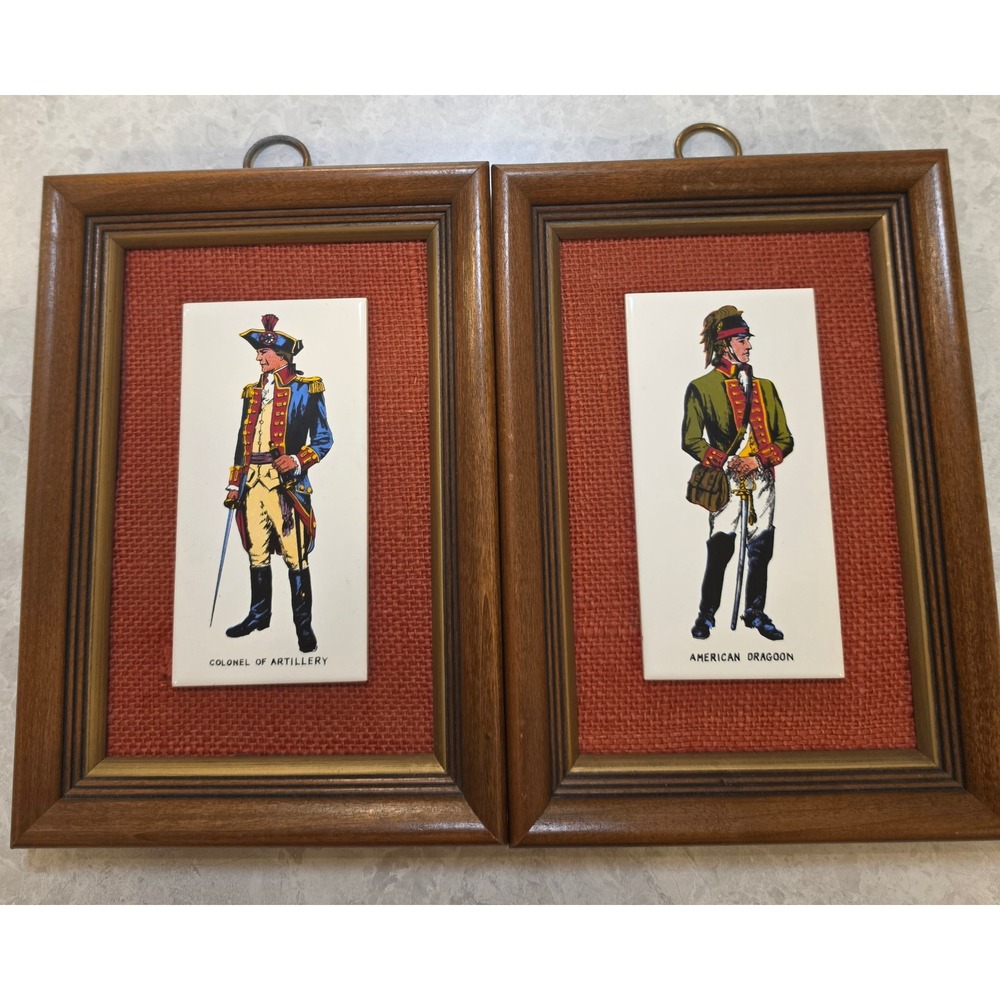 Vintage Revolutionary War Soldier Ceramic Tile Wall Art Set Framed Pair Art